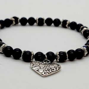 Blue Goldstone Gemstone and Silver Heart Charm Stretch Bracelet, Blue Bracelet